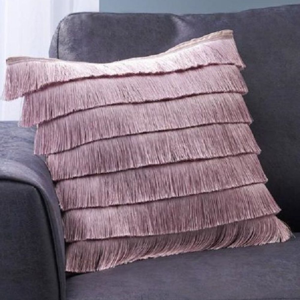 Glam Square Fabric Throw Pillow with Fringes – Light Pink  (Cover only)